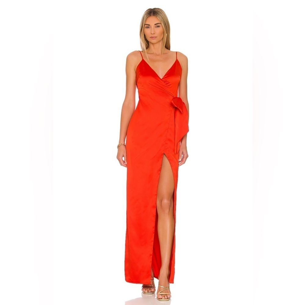 NWT Lovers + Friends The Mackenzie Satin Wrap Maxi Gown Red sz Small